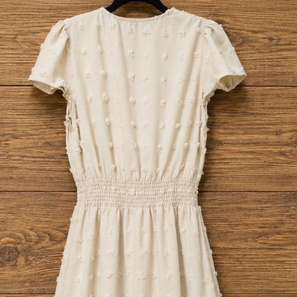 Cream Swiss Dot Maxi Dress Smocked Waist Pearl Button V-Neck Flutter Sleeve - Picture 7 of 8